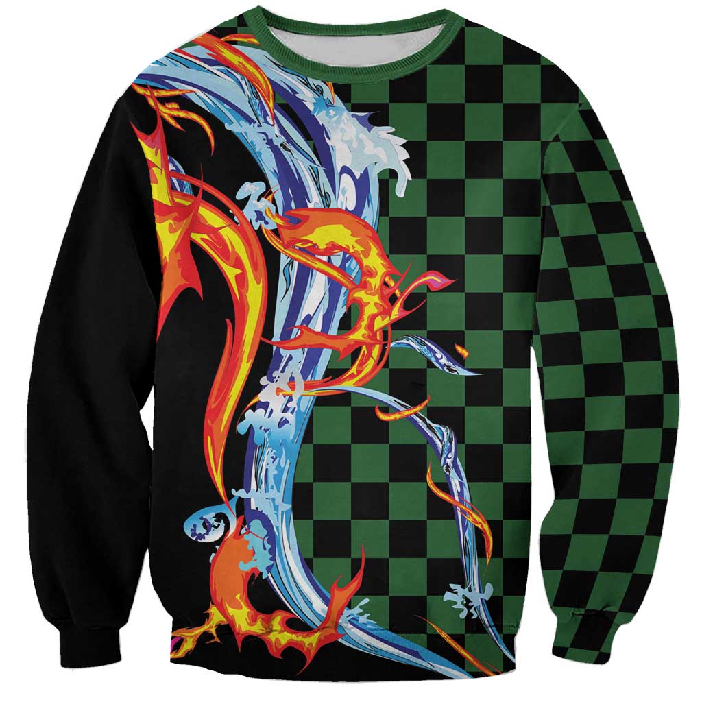Japanese Asanoha Pattern Sweatshirt Sun Flame Slayer Dragon Hinokami Kagura Spirit LT9 Unisex Green - Polynesian Pride