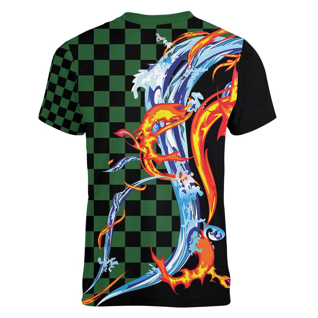 Japanese Asanoha Pattern Women V-Neck T-Shirt Sun Flame Slayer Dragon Hinokami Kagura Spirit - Polynesian Pride