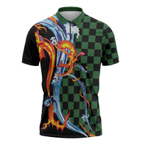 Japanese Asanoha Pattern Zipper Polo Shirt Sun Flame Slayer Dragon Hinokami Kagura Spirit LT9 Green - Polynesian Pride