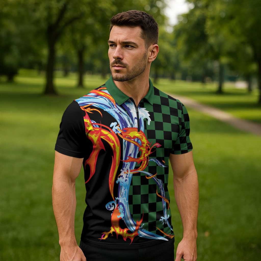 Japanese Asanoha Pattern Zipper Polo Shirt Sun Flame Slayer Dragon Hinokami Kagura Spirit LT9 - Polynesian Pride