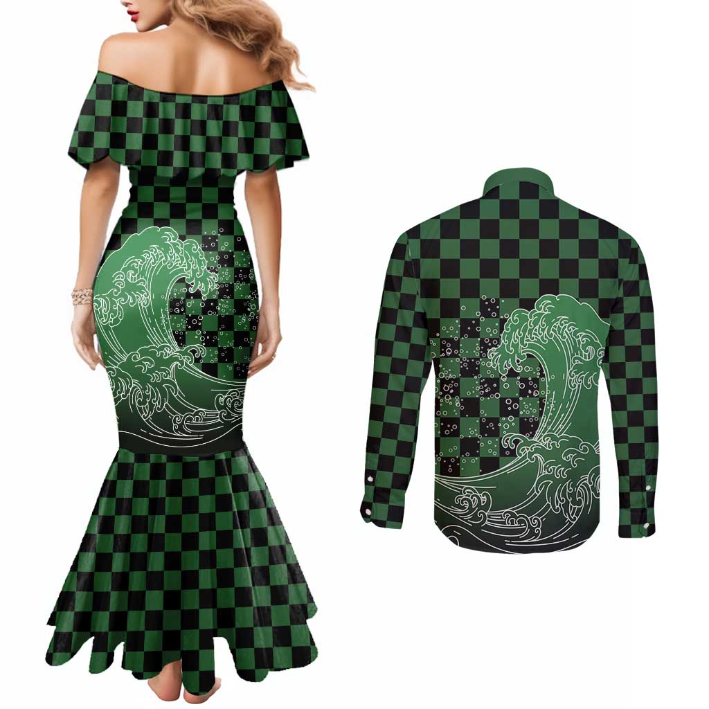 Japanese Asanoha Pattern Couples Matching Mermaid Dress and Long Sleeve Button Shirt Water Breathing Slayer Dragon LT9 - Polynesian Pride