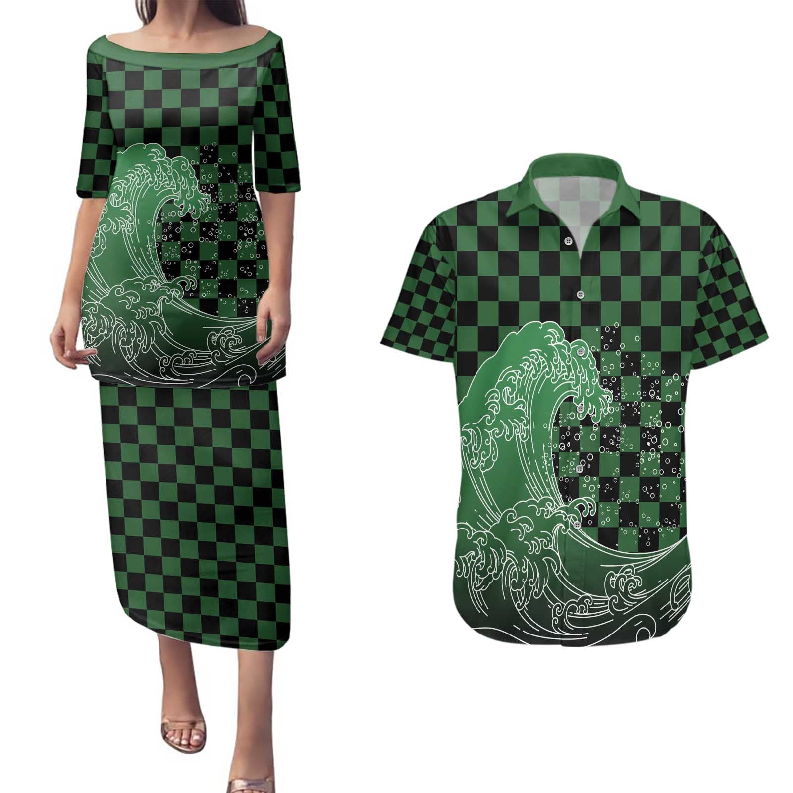 Japanese Asanoha Pattern Couples Matching Puletasi and Hawaiian Shirt Water Breathing Slayer Dragon - Polynesian Pride
