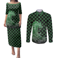 Japanese Asanoha Pattern Couples Matching Puletasi and Long Sleeve Button Shirt Water Breathing Slayer Dragon LT9 Green - Polynesian Pride