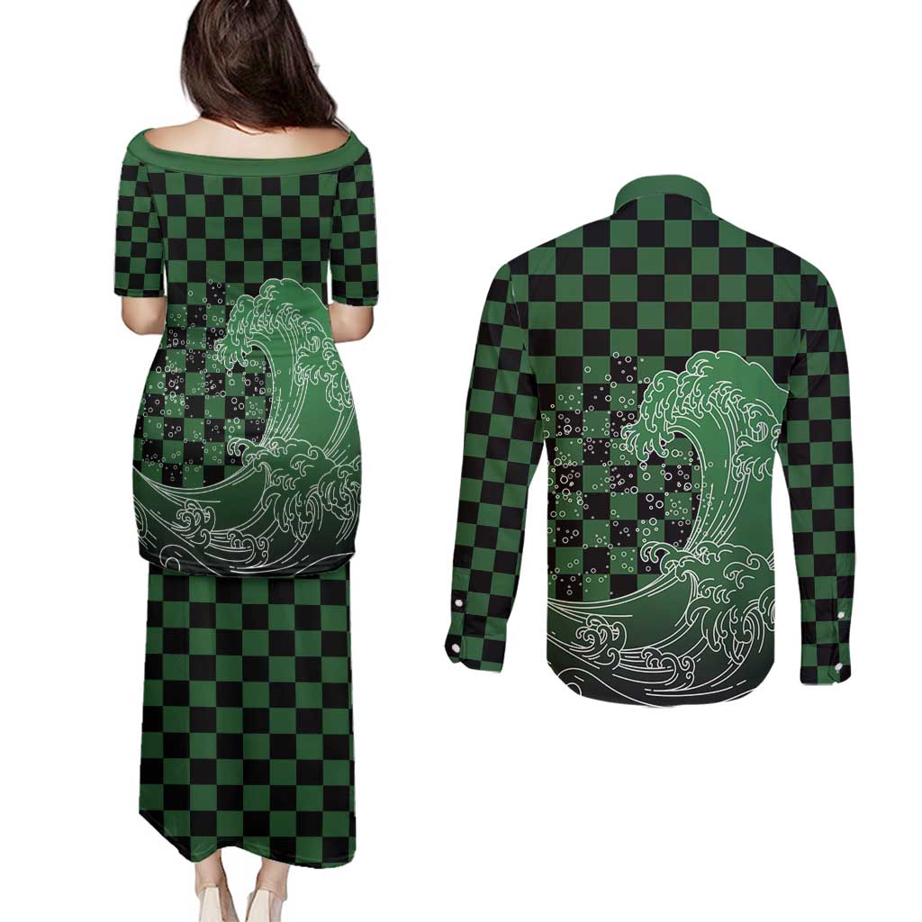 Japanese Asanoha Pattern Couples Matching Puletasi and Long Sleeve Button Shirt Water Breathing Slayer Dragon LT9 - Polynesian Pride