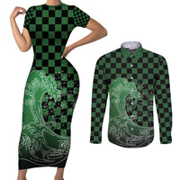 Japanese Asanoha Pattern Couples Matching Short Sleeve Bodycon Dress and Long Sleeve Button Shirt Water Breathing Slayer Dragon LT9 Green - Polynesian Pride