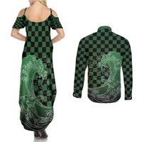 Japanese Asanoha Pattern Couples Matching Summer Maxi Dress and Long Sleeve Button Shirt Water Breathing Slayer Dragon - Polynesian Pride