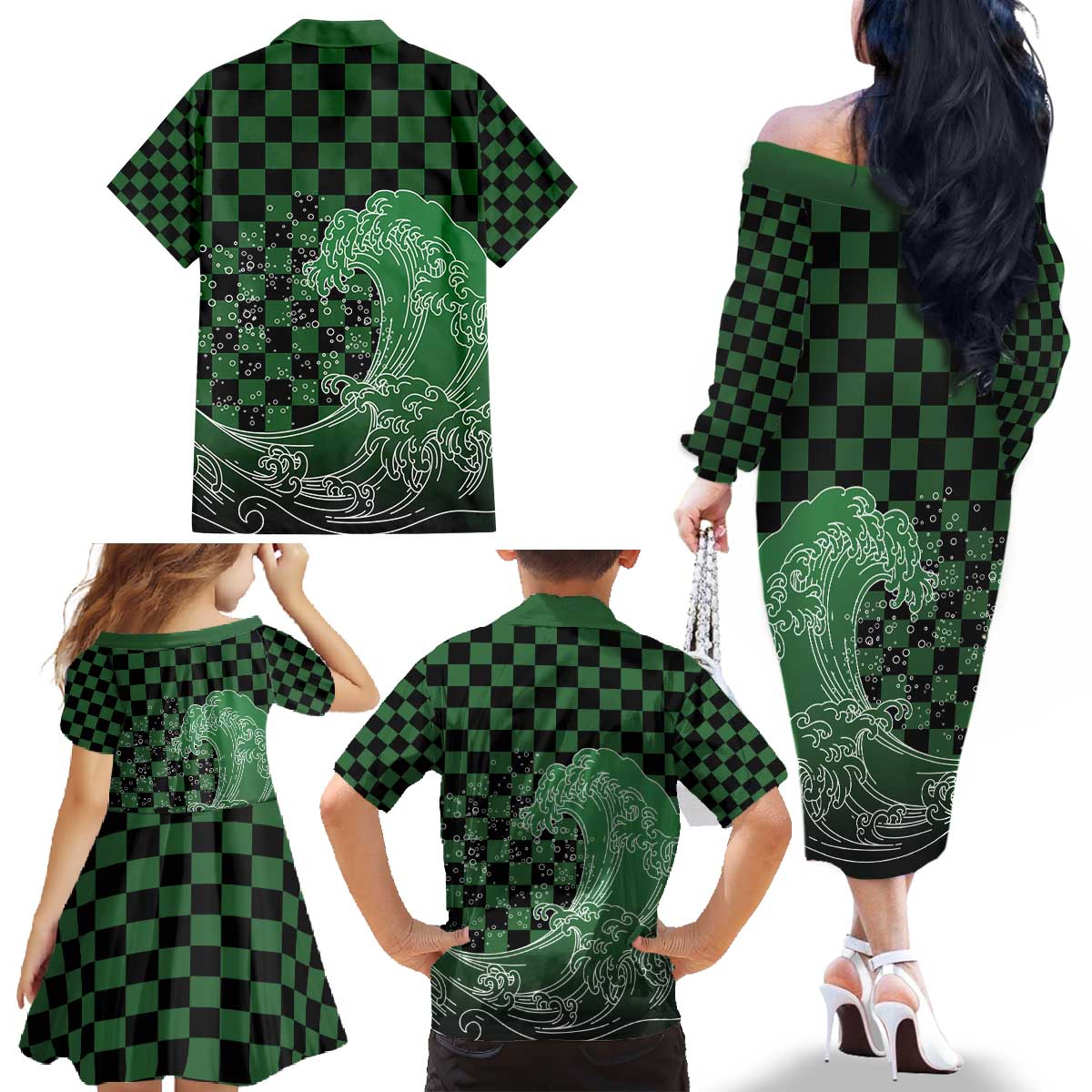 Japanese Asanoha Pattern Family Matching Off The Shoulder Long Sleeve Dress and Hawaiian Shirt Water Breathing Slayer Dragon - Polynesian Pride