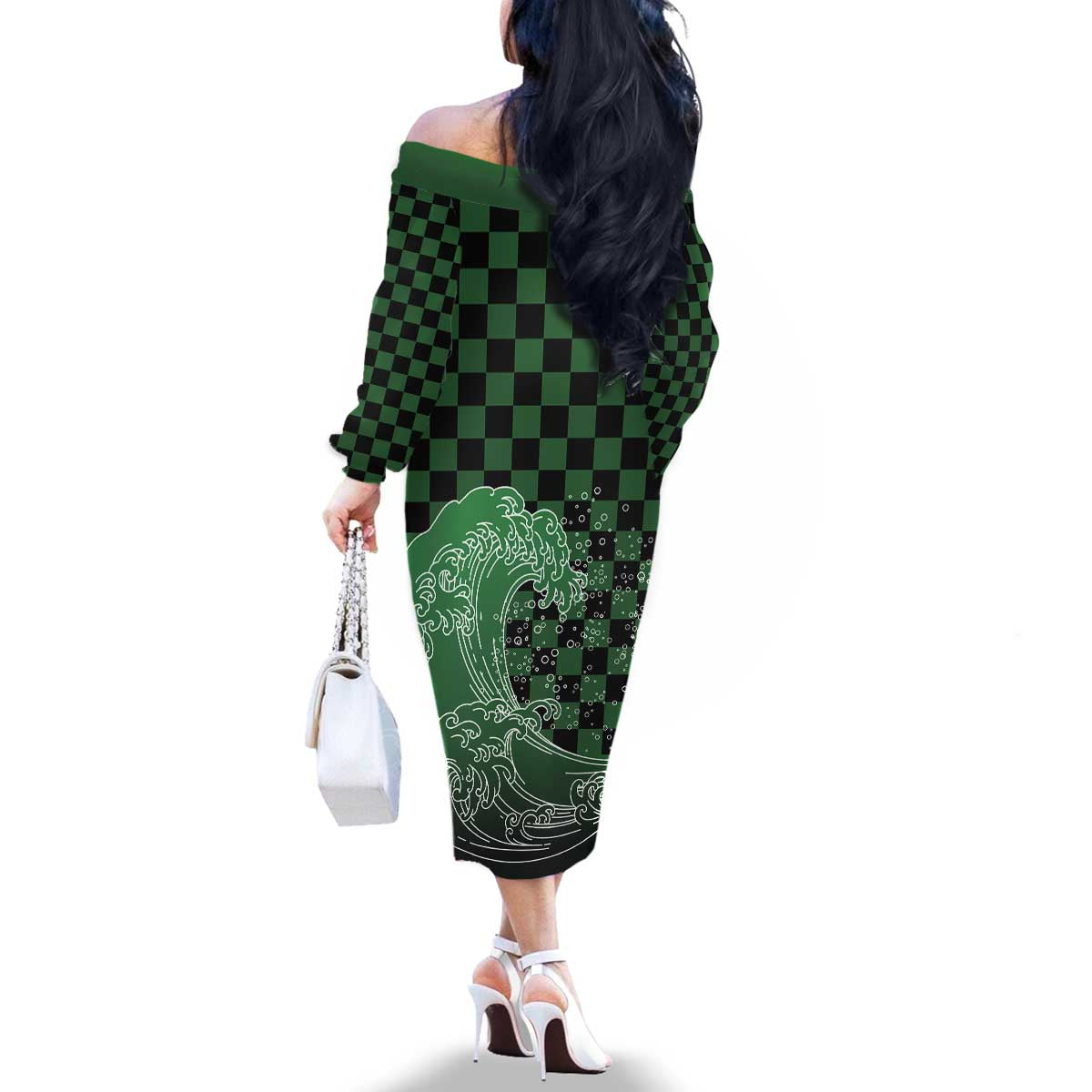 Japanese Asanoha Pattern Family Matching Off The Shoulder Long Sleeve Dress and Hawaiian Shirt Water Breathing Slayer Dragon - Polynesian Pride