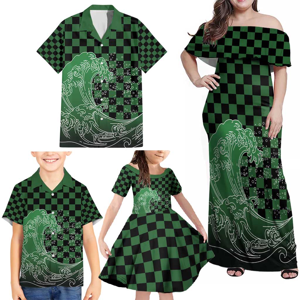 Japanese Asanoha Pattern Family Matching Off Shoulder Maxi Dress and Hawaiian Shirt Water Breathing Slayer Dragon - Polynesian Pride