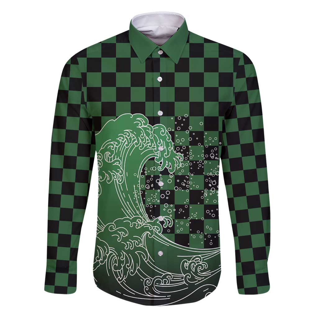 Japanese Asanoha Pattern Family Matching Puletasi and Hawaiian Shirt Water Breathing Slayer Dragon LT9 Dad's Shirt - Long Sleeve Green - Polynesian Pride