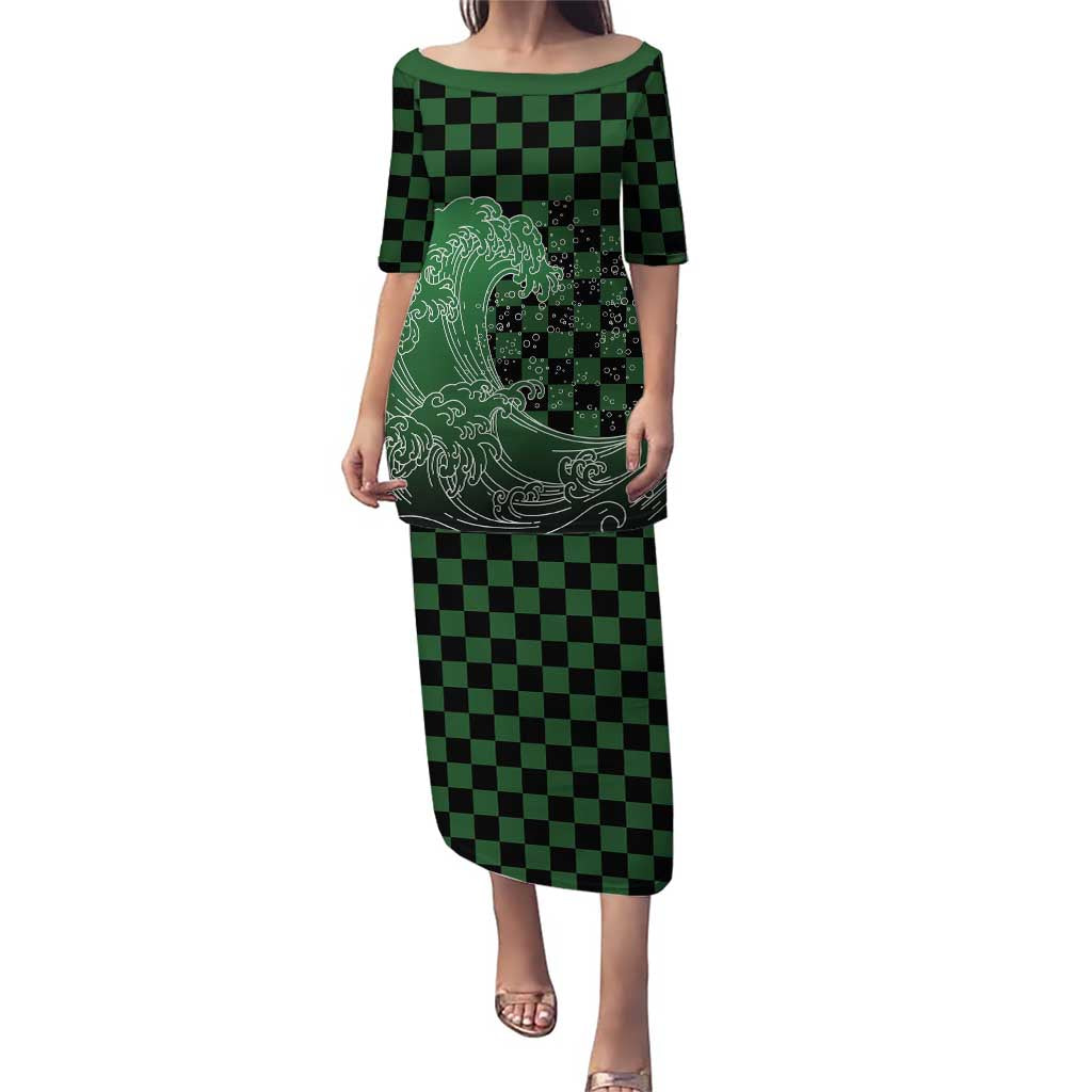 Japanese Asanoha Pattern Puletasi Water Breathing Slayer Dragon LT9 Long Dress Green - Polynesian Pride