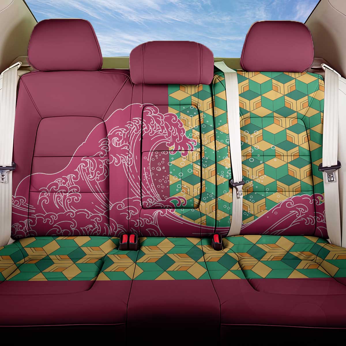 Japanese Bishamon-Kikkou Pattern Back Car Seat Cover Water Pillar Silent River Flow LT9 One Size Burgundy - Polynesian Pride