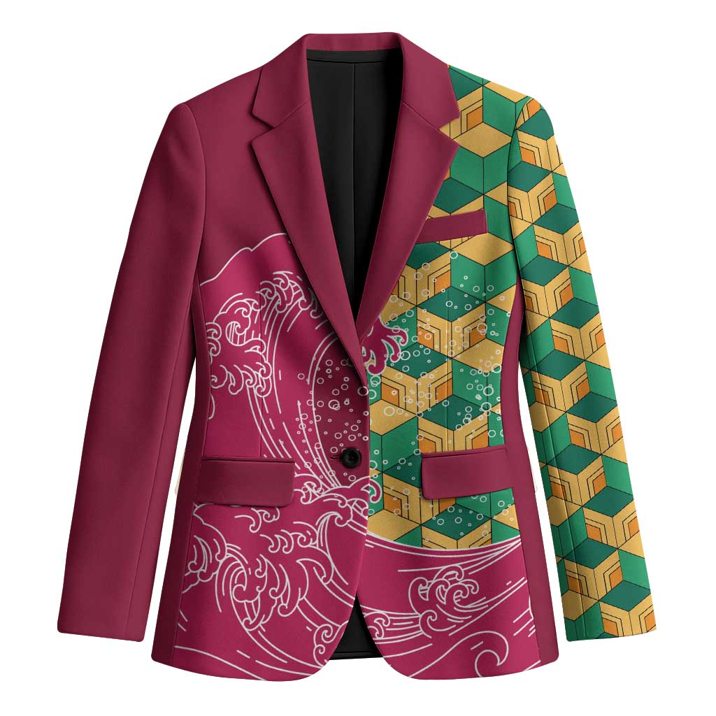 Japanese Bishamon-Kikkou Pattern Blazer Water Pillar Silent River Flow LT9 Unisex Burgundy - Polynesian Pride
