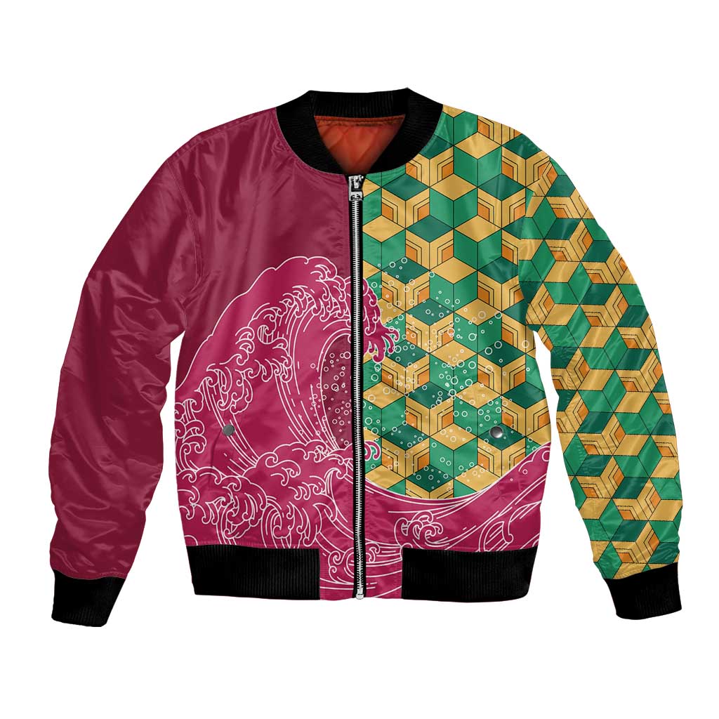 Japanese Bishamon-Kikkou Pattern Bomber Jacket Water Pillar Silent River Flow LT9 Unisex Burgundy - Polynesian Pride