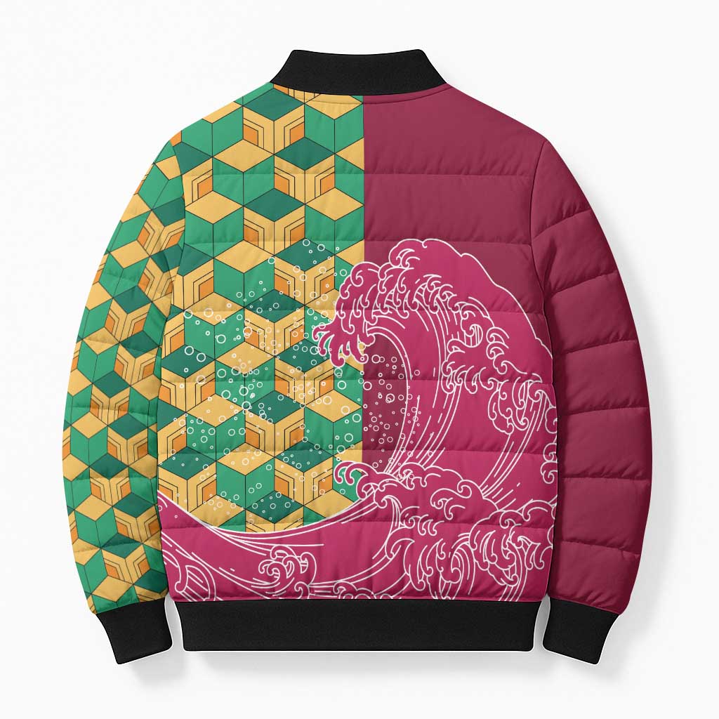 Japanese Bishamon-Kikkou Pattern Bomber Puffer Jacket Water Pillar Silent River Flow - Polynesian Pride