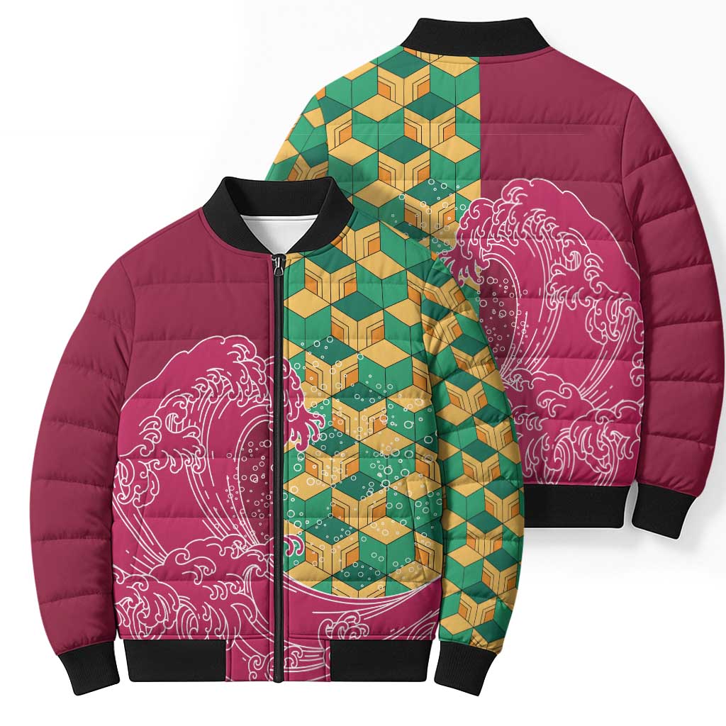 Japanese Bishamon-Kikkou Pattern Bomber Puffer Jacket Water Pillar Silent River Flow - Polynesian Pride