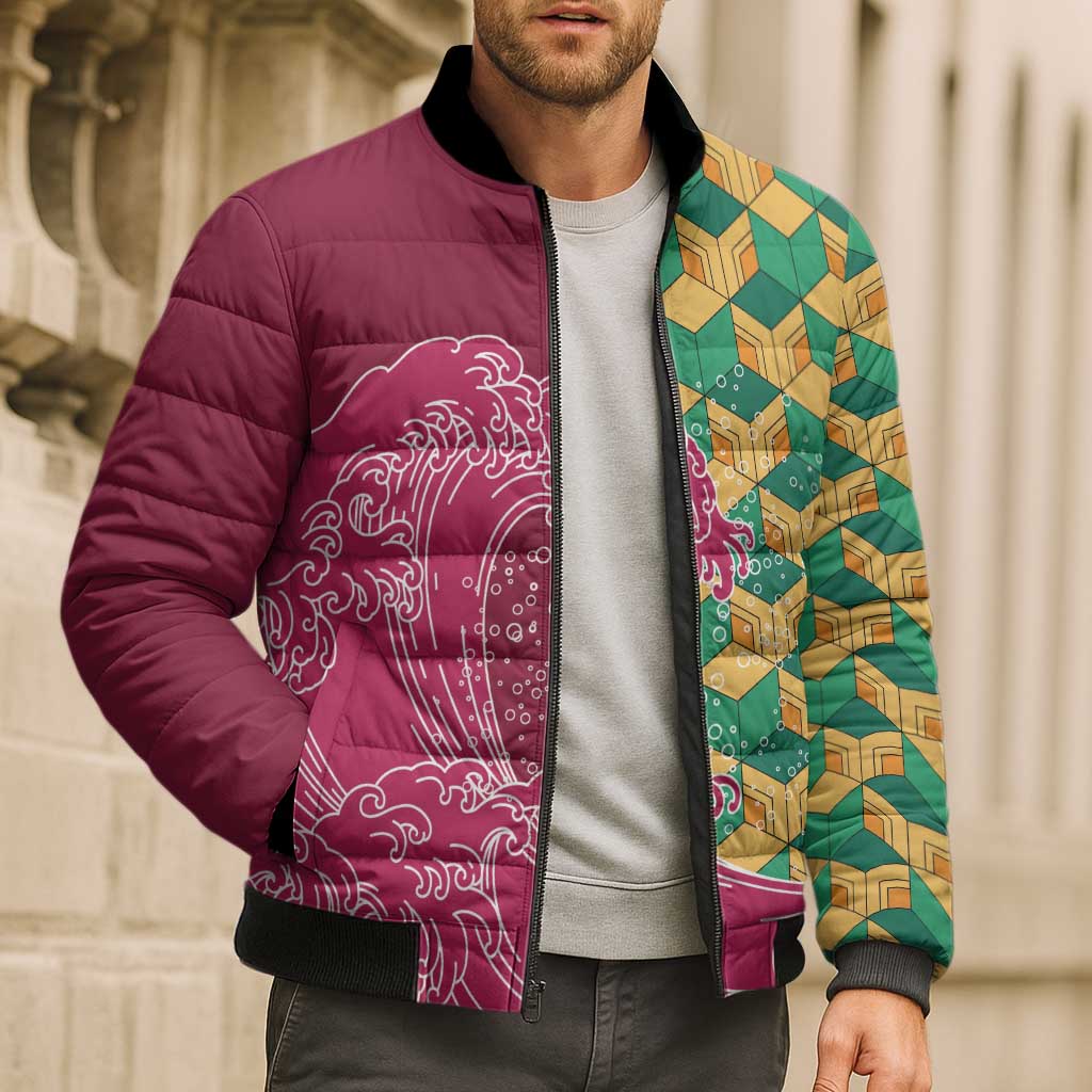 Japanese Bishamon-Kikkou Pattern Bomber Puffer Jacket Water Pillar Silent River Flow - Polynesian Pride