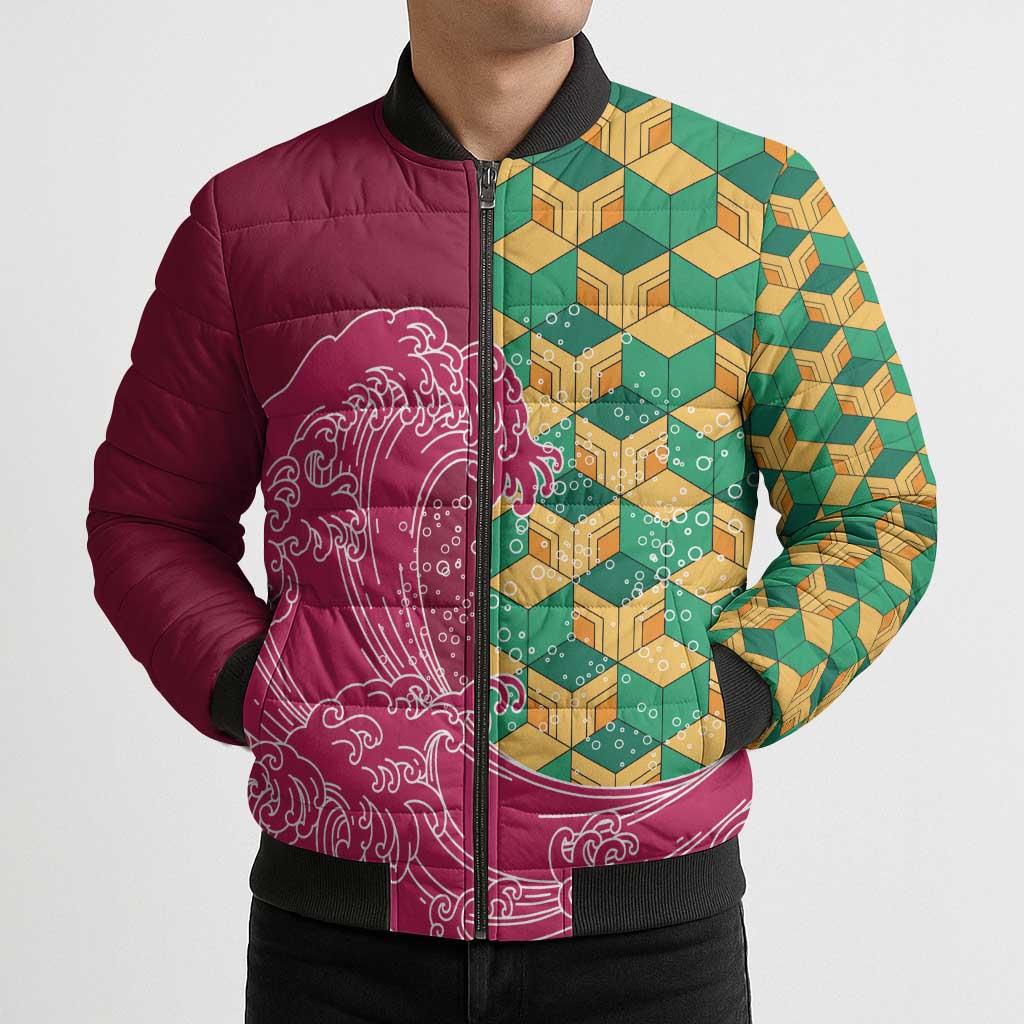 Japanese Bishamon-Kikkou Pattern Bomber Puffer Jacket Water Pillar Silent River Flow - Polynesian Pride