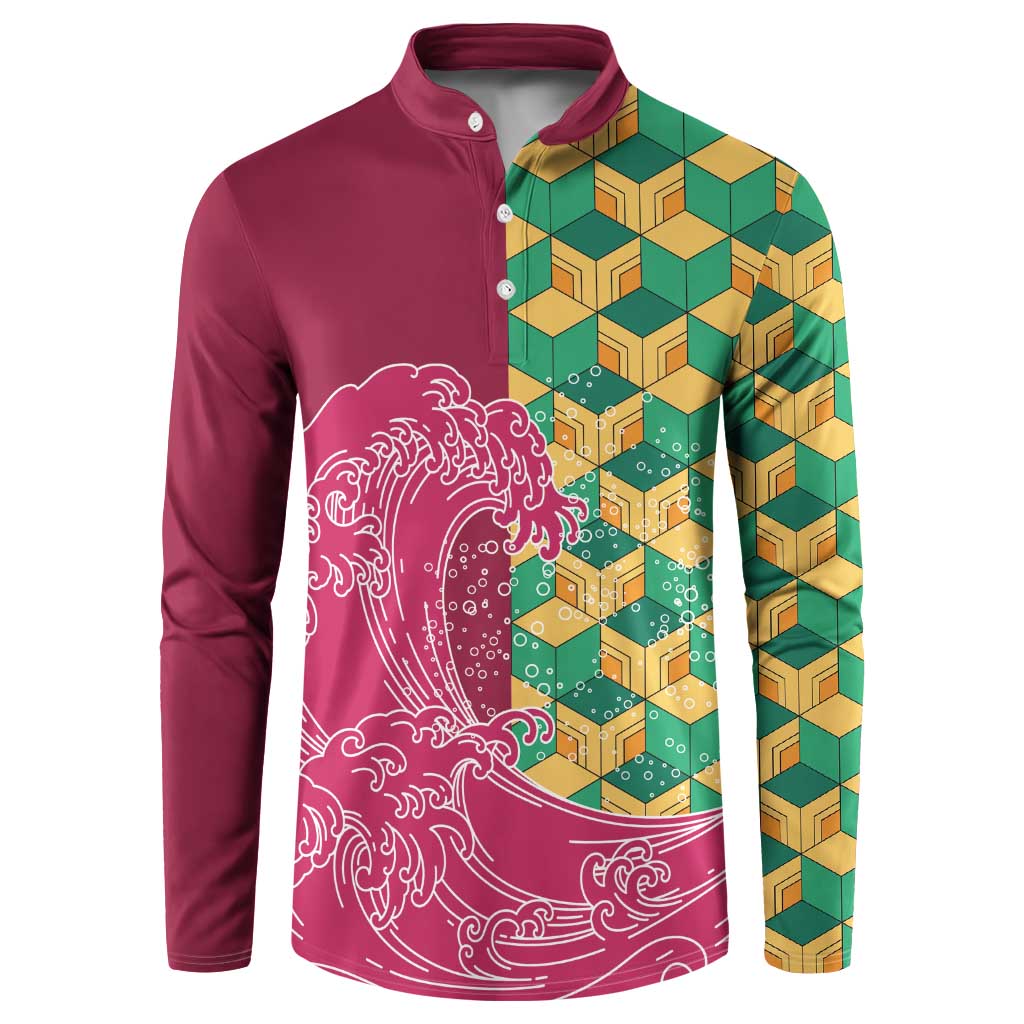 Japanese Bishamon-Kikkou Pattern Button Sweatshirt Water Pillar Silent River Flow LT9 Burgundy - Polynesian Pride