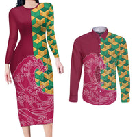 Japanese Bishamon-Kikkou Pattern Couples Matching Long Sleeve Bodycon Dress and Long Sleeve Button Shirt Water Pillar Silent River Flow - Polynesian Pride