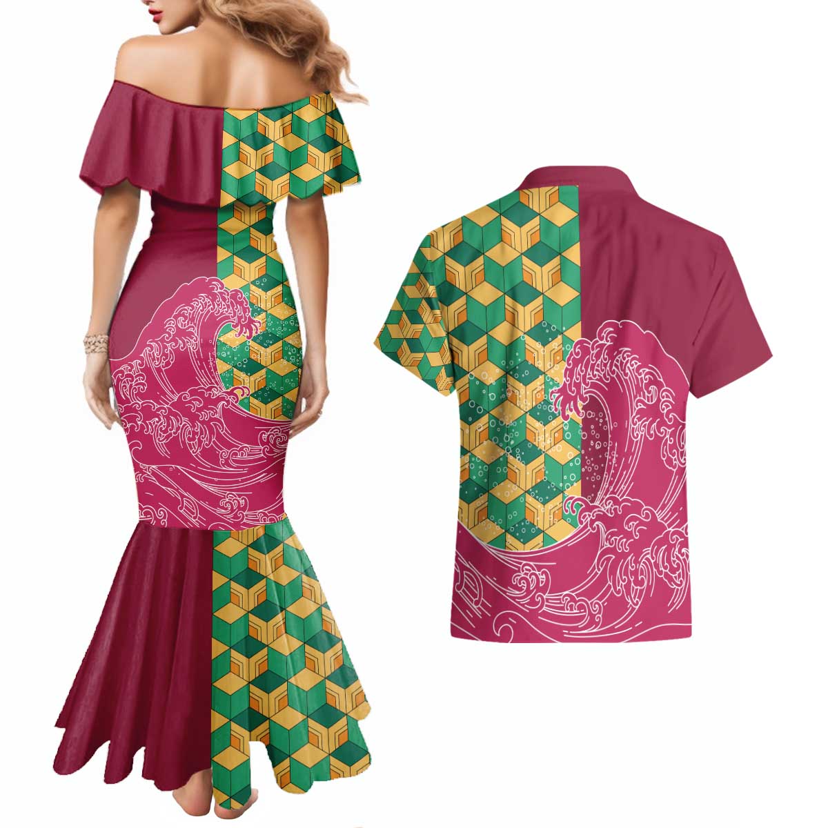 Japanese Bishamon-Kikkou Pattern Couples Matching Mermaid Dress and Hawaiian Shirt Water Pillar Silent River Flow - Polynesian Pride