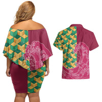 Japanese Bishamon-Kikkou Pattern Couples Matching Off Shoulder Short Dress and Hawaiian Shirt Water Pillar Silent River Flow - Polynesian Pride