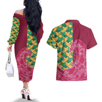 Japanese Bishamon-Kikkou Pattern Couples Matching Off The Shoulder Long Sleeve Dress and Hawaiian Shirt Water Pillar Silent River Flow - Polynesian Pride