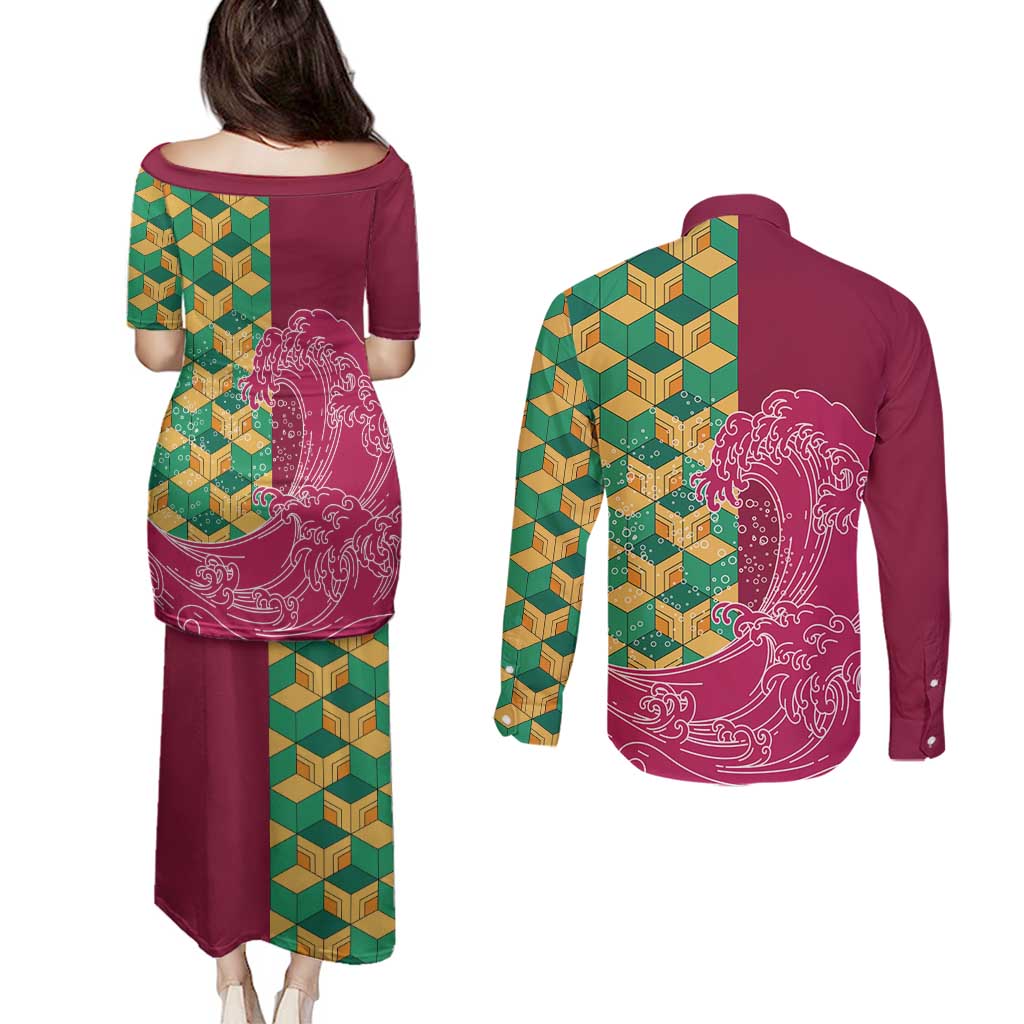 Japanese Bishamon-Kikkou Pattern Couples Matching Puletasi and Long Sleeve Button Shirt Water Pillar Silent River Flow - Polynesian Pride