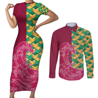 Japanese Bishamon-Kikkou Pattern Couples Matching Short Sleeve Bodycon Dress and Long Sleeve Button Shirt Water Pillar Silent River Flow - Polynesian Pride
