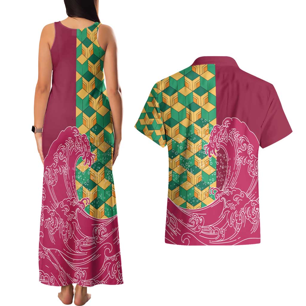 Japanese Bishamon-Kikkou Pattern Couples Matching Tank Maxi Dress and Hawaiian Shirt Water Pillar Silent River Flow - Polynesian Pride