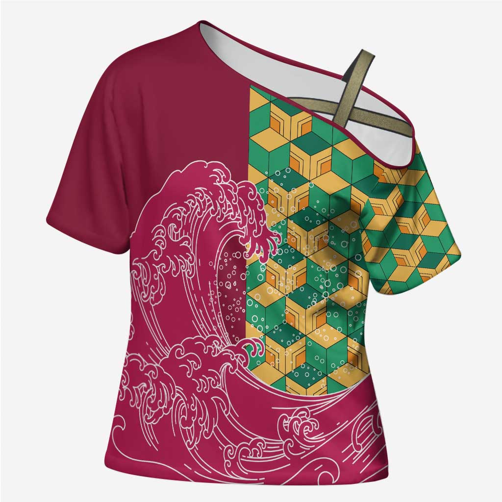 Japanese Bishamon-Kikkou Pattern Cross Shoulder Shirt Water Pillar Silent River Flow LT9 Female Burgundy - Polynesian Pride
