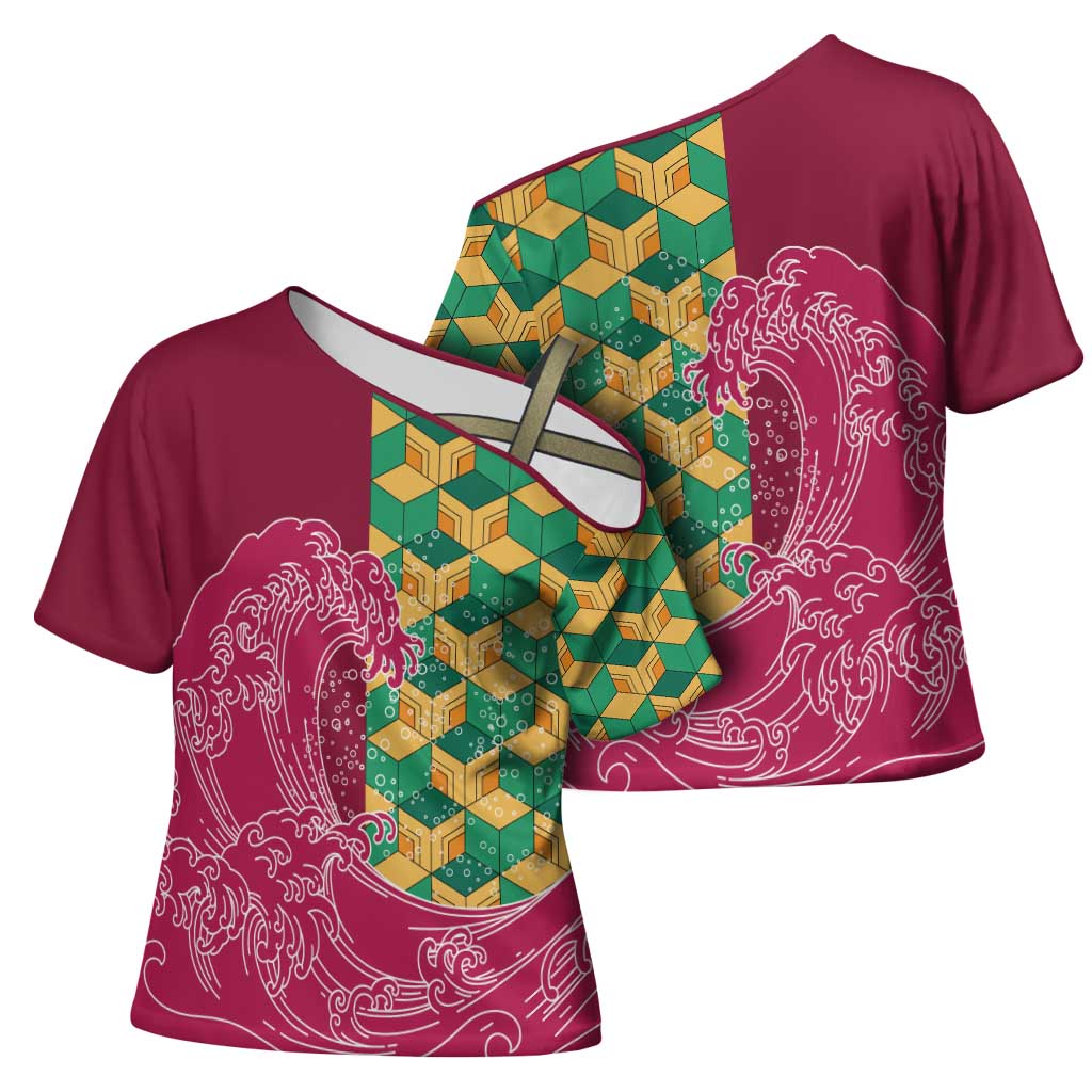 Japanese Bishamon-Kikkou Pattern Cross Shoulder Shirt Water Pillar Silent River Flow - Polynesian Pride