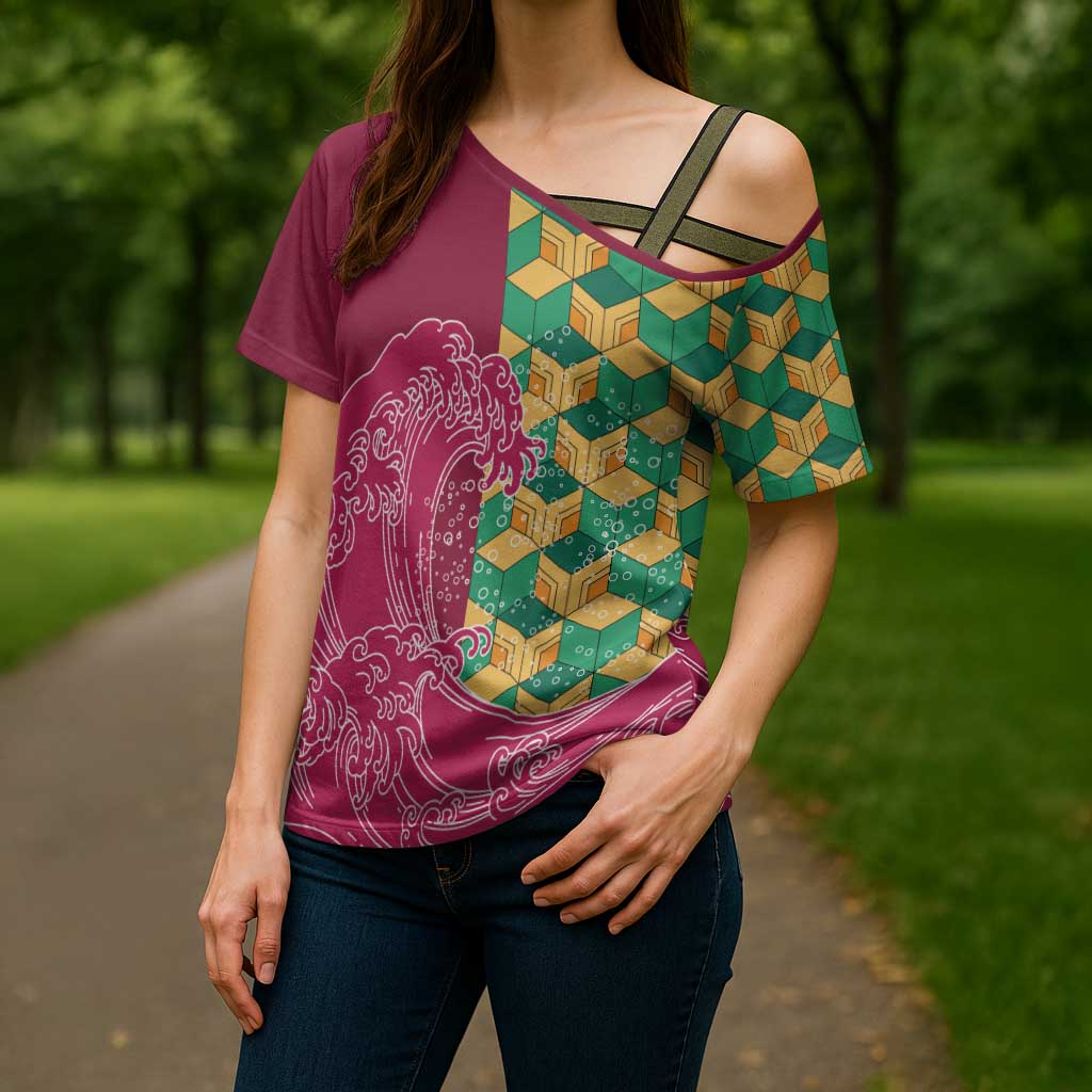 Japanese Bishamon-Kikkou Pattern Cross Shoulder Shirt Water Pillar Silent River Flow - Polynesian Pride