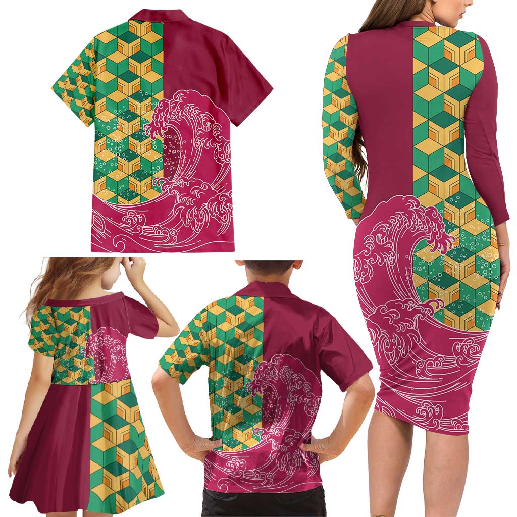 Japanese Bishamon-Kikkou Pattern Family Matching Long Sleeve Bodycon Dress and Hawaiian Shirt Water Pillar Silent River Flow - Polynesian Pride