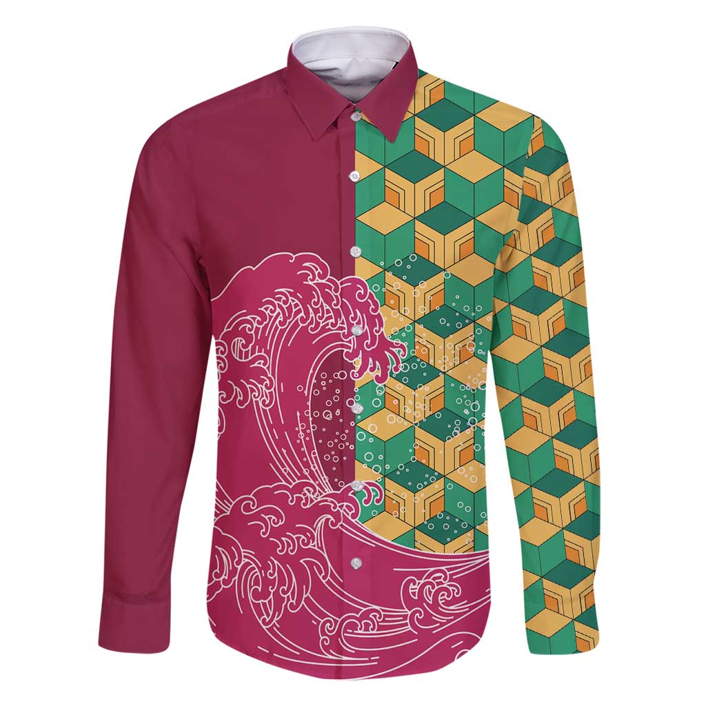 Japanese Bishamon-Kikkou Pattern Family Matching Long Sleeve Bodycon Dress and Hawaiian Shirt Water Pillar Silent River Flow - Polynesian Pride