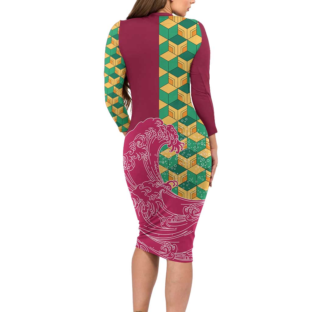 Japanese Bishamon-Kikkou Pattern Family Matching Long Sleeve Bodycon Dress and Hawaiian Shirt Water Pillar Silent River Flow - Polynesian Pride