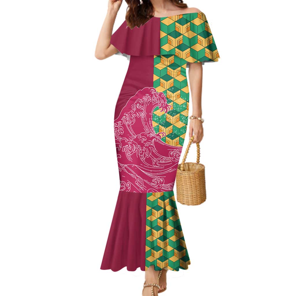 Japanese Bishamon-Kikkou Pattern Family Matching Mermaid Dress and Hawaiian Shirt Water Pillar Silent River Flow - Polynesian Pride