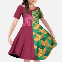 Japanese Bishamon-Kikkou Pattern Family Matching Off The Shoulder Long Sleeve Dress and Hawaiian Shirt Water Pillar Silent River Flow - Polynesian Pride