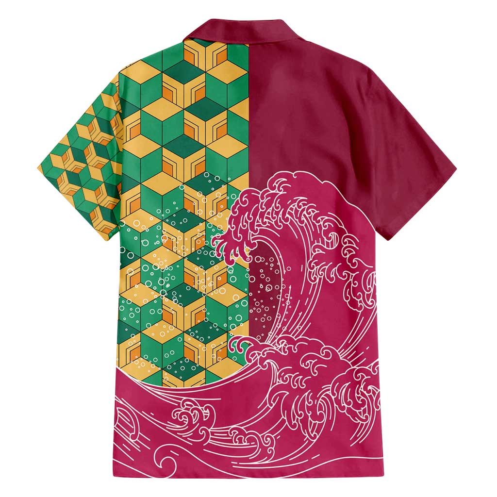 Japanese Bishamon-Kikkou Pattern Family Matching Off Shoulder Short Dress and Hawaiian Shirt Water Pillar Silent River Flow - Polynesian Pride