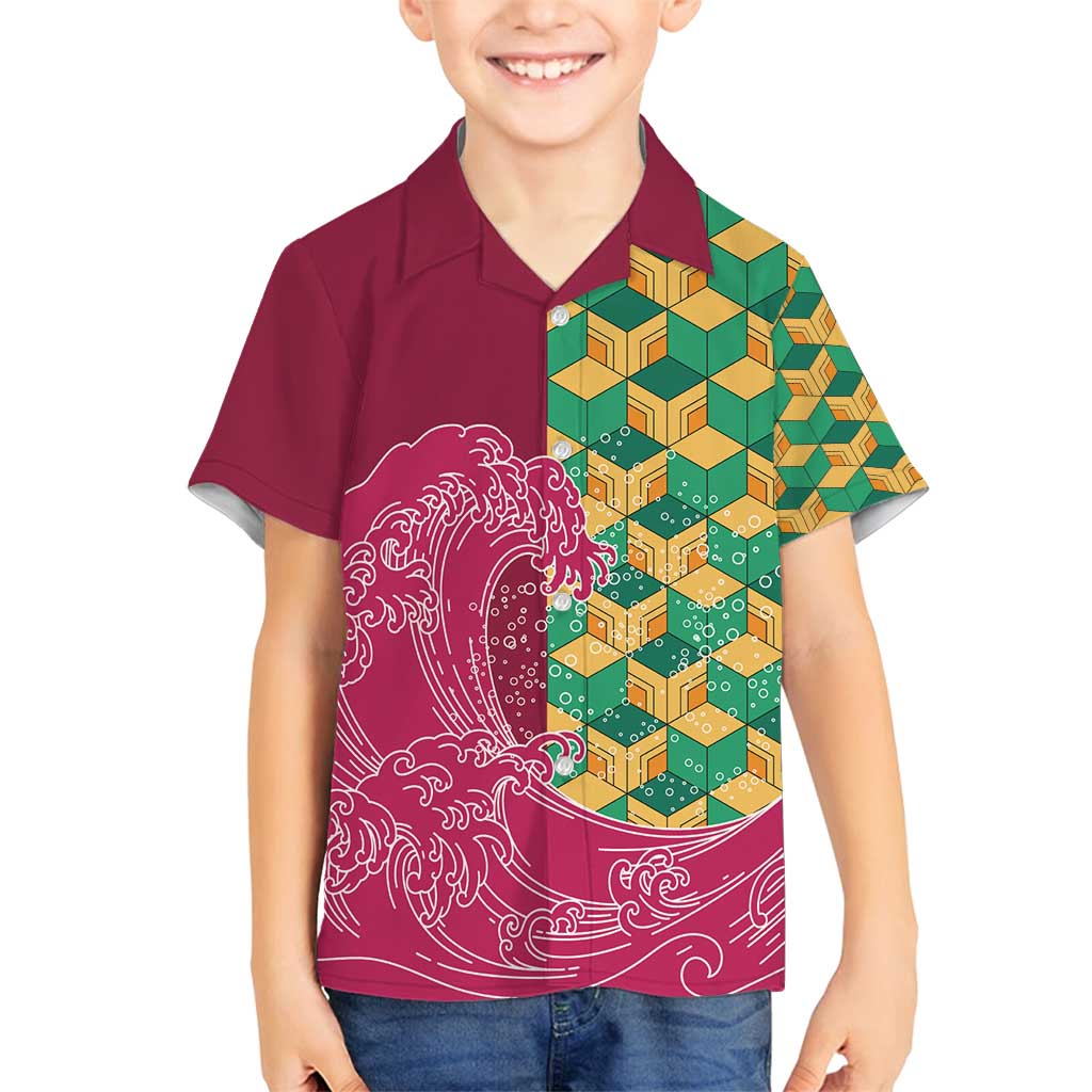 Japanese Bishamon-Kikkou Pattern Family Matching Off Shoulder Short Dress and Hawaiian Shirt Water Pillar Silent River Flow - Polynesian Pride