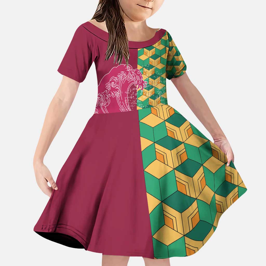 Japanese Bishamon-Kikkou Pattern Family Matching Puletasi and Hawaiian Shirt Water Pillar Silent River Flow - Polynesian Pride