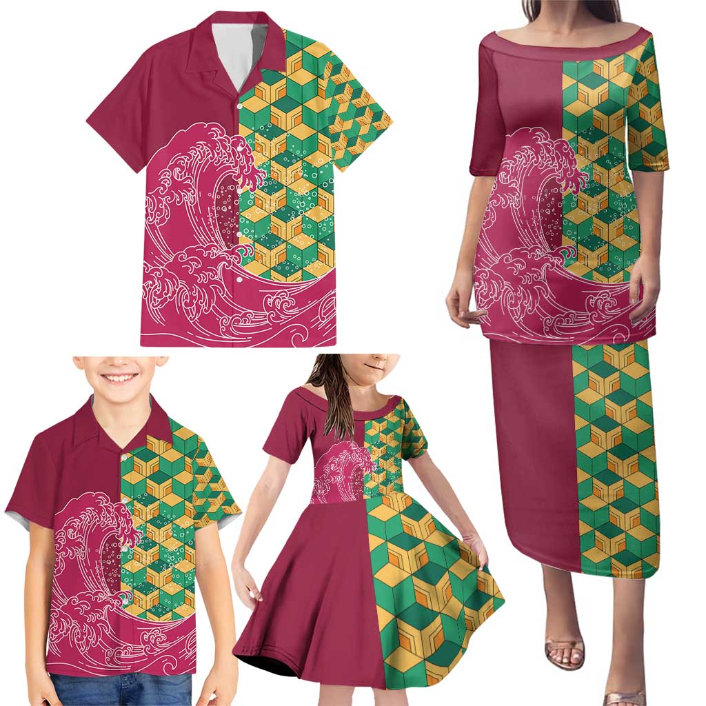 Japanese Bishamon-Kikkou Pattern Family Matching Puletasi and Hawaiian Shirt Water Pillar Silent River Flow LT9 - Polynesian Pride