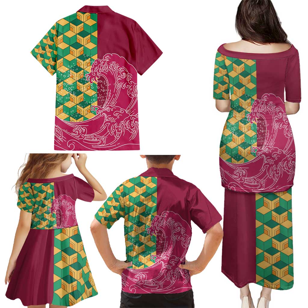 Japanese Bishamon-Kikkou Pattern Family Matching Puletasi and Hawaiian Shirt Water Pillar Silent River Flow - Polynesian Pride