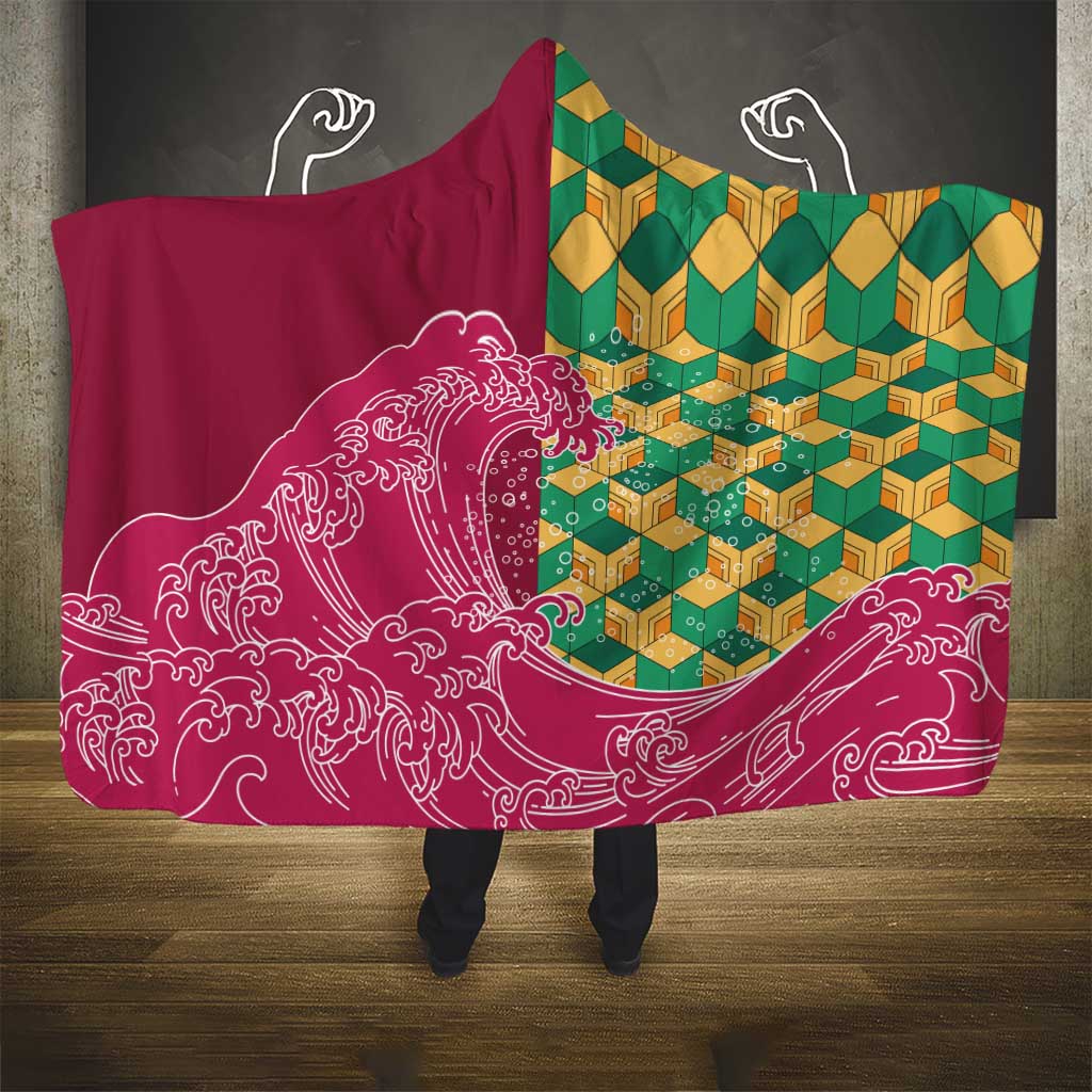 Japanese Bishamon-Kikkou Pattern Hooded Blanket Water Pillar Silent River Flow - Polynesian Pride