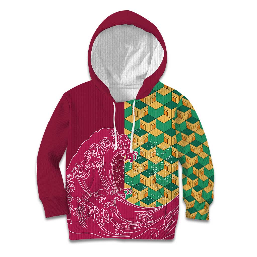 Japanese Bishamon-Kikkou Pattern Kid Hoodie Water Pillar Silent River Flow - Polynesian Pride