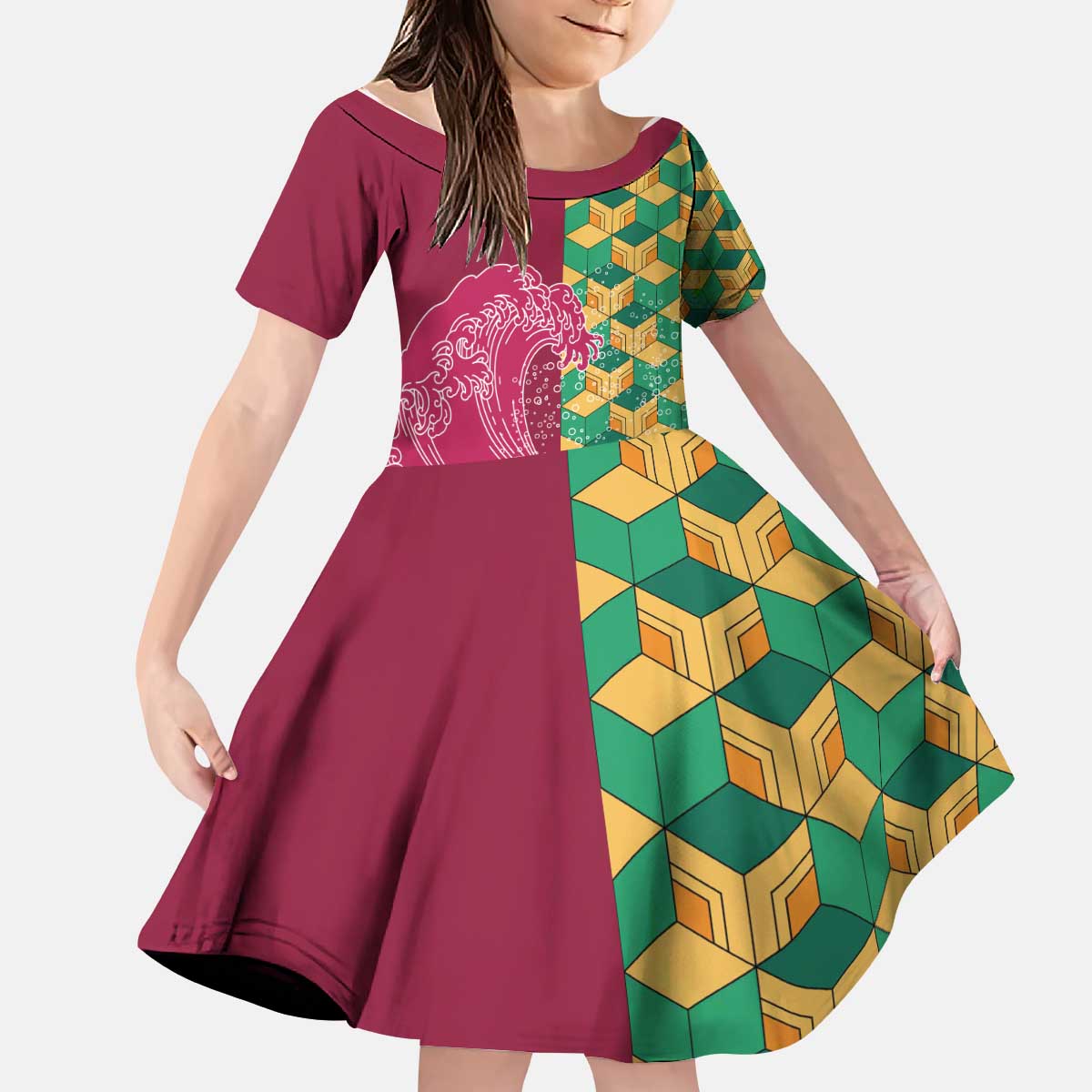Japanese Bishamon-Kikkou Pattern Kid Short Sleeve Dress Water Pillar Silent River Flow - Polynesian Pride