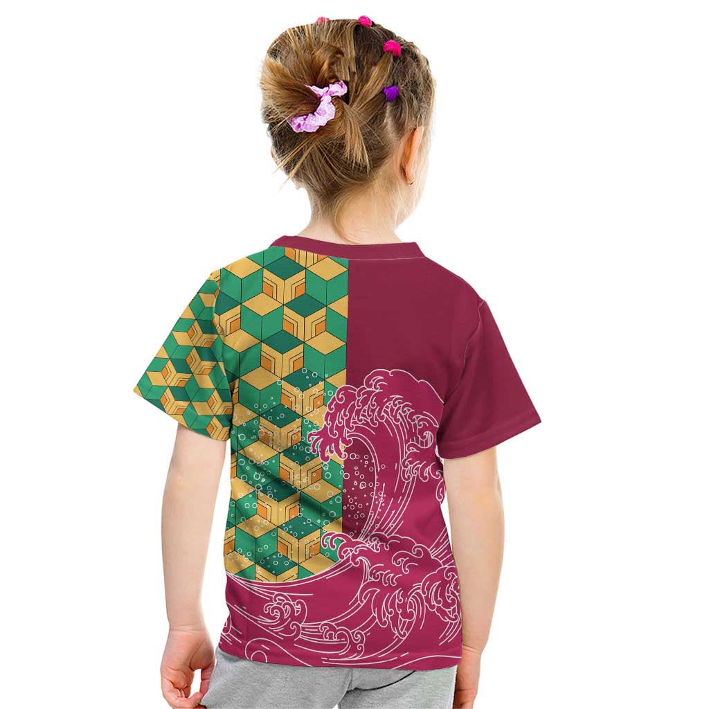 Japanese Bishamon-Kikkou Pattern Kid T Shirt Water Pillar Silent River Flow - Polynesian Pride