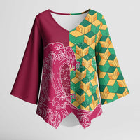 Japanese Bishamon-Kikkou Pattern Kimono Sleeve Blouse Water Pillar Silent River Flow - Polynesian Pride