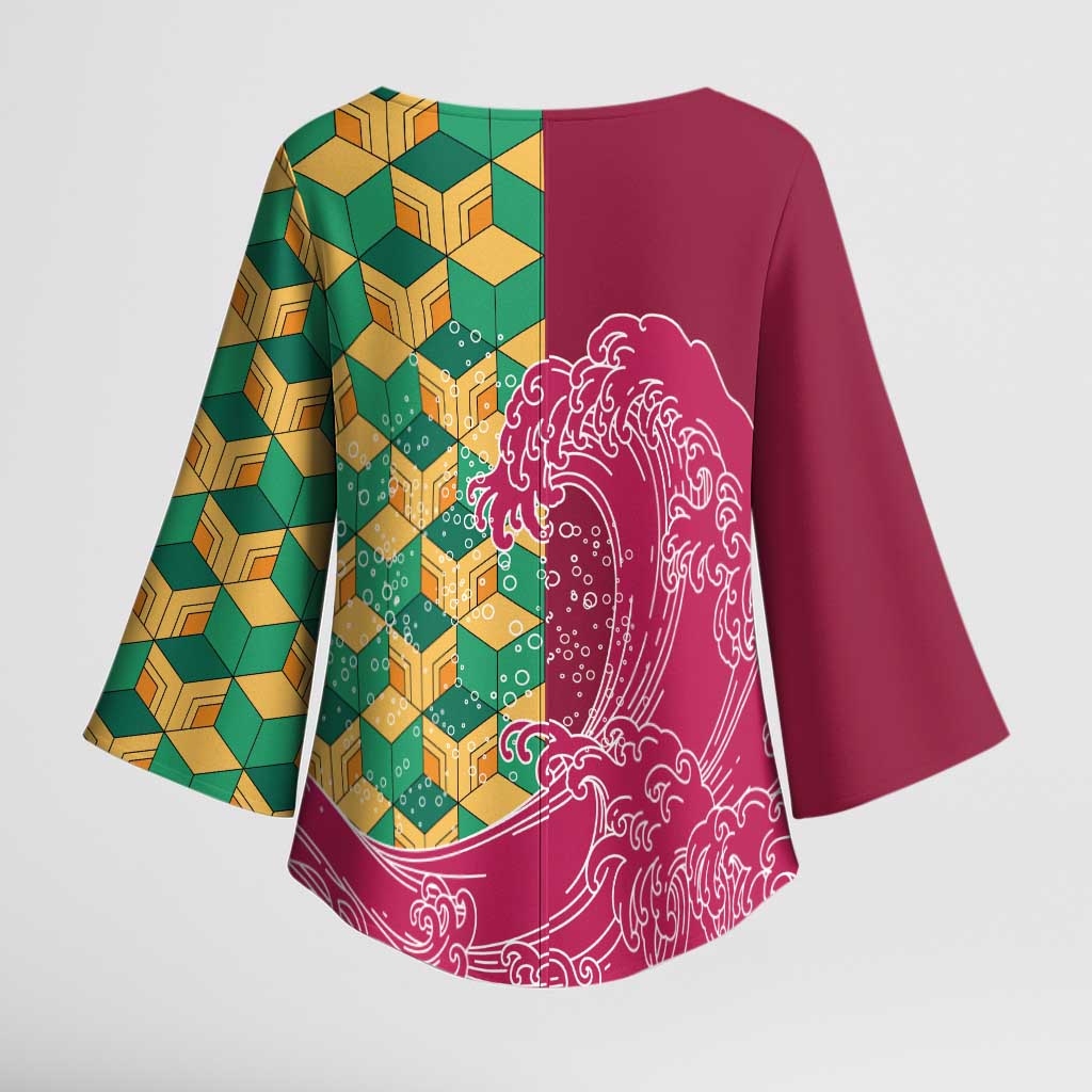 Japanese Bishamon-Kikkou Pattern Kimono Sleeve Blouse Water Pillar Silent River Flow - Polynesian Pride