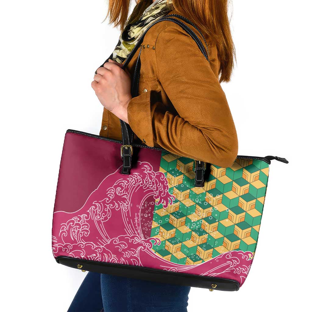 Japanese Bishamon-Kikkou Pattern Leather Tote Bag Water Pillar Silent River Flow LT9 Burgundy - Polynesian Pride